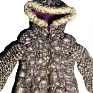 London Fog Warm Winter Jacket Coat Black White Checkered Zip Up Hooded Faux Fur